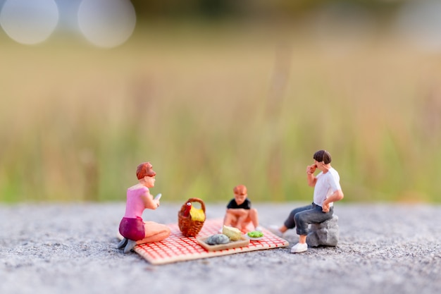 Miniatuurmensen: gelukkige familie zittend op de mat tijdens een picknick in een park