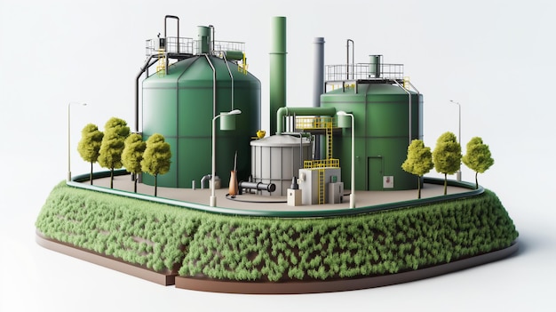 Foto miniatuurmodel van een industriële fabriek met groene tanks, leidingen en omringende bomen die schoon zijn afgebeeld