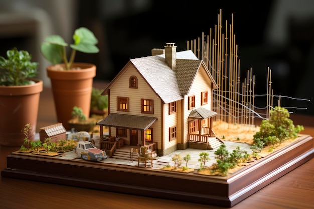 Foto miniatuurmodelhuis met een achtergrond van stedelijke ontwikkeling