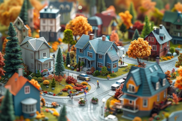 Miniatuurstadmodel met huizen en bomen