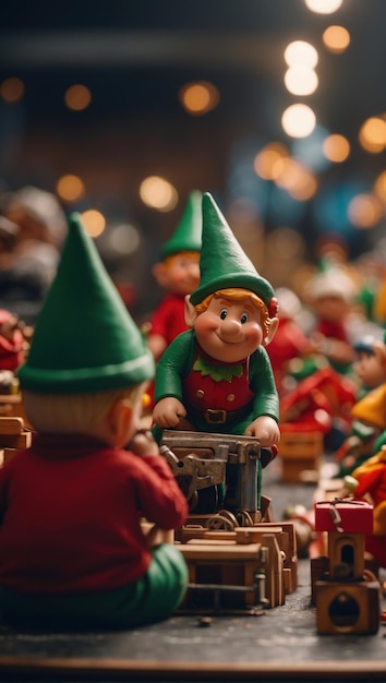 Foto miniatuurversie van de werkplaats van de kerstman met elfen die aan speelgoed en decoraties werken.