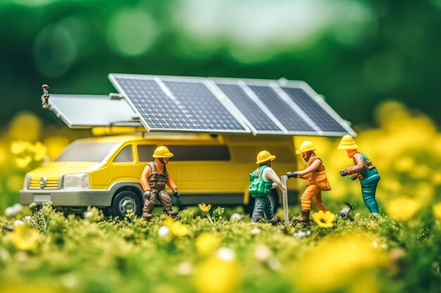 Foto miniatuurwerkers bij zonnepanelen