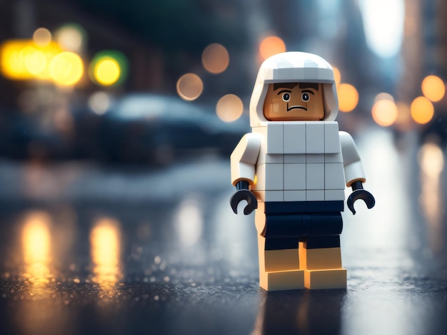 Photo minifigure in the city with a bokeh background cinematic photo illustration