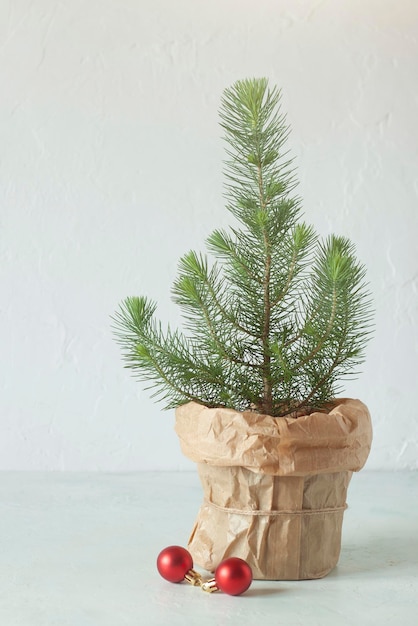 Minikerstboom op de witte muurachtergrond, decoratieve rode ballen