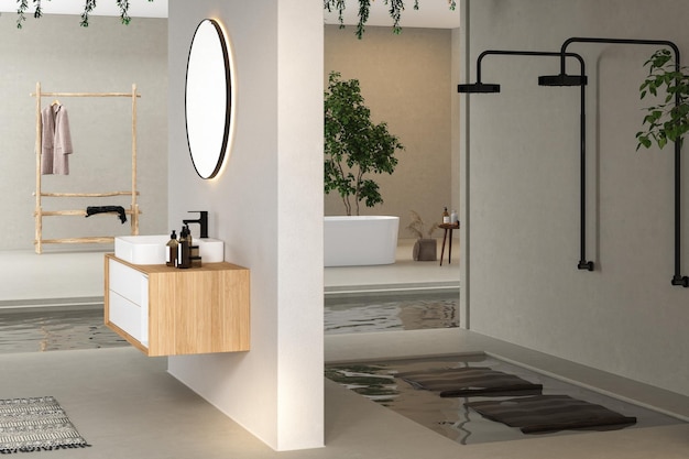 Minimaal badkamerinterieur met witte en betonnen muren, witte wastafel met spiegel, badkuip, douche