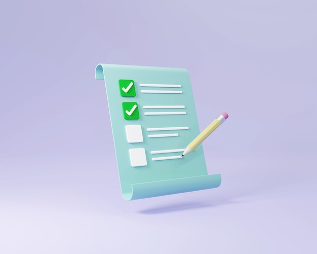 Minimaal checklist-kladblokdocument of takenlijst voor planningstaak met potlood zweven in de lucht 3D-renderingillustratie