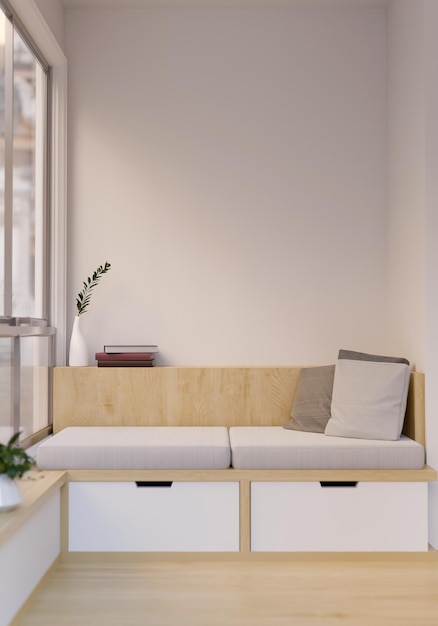 Minimaal comfortabel appartement woonkamer interieur in witte en houten stijl met minimale bank