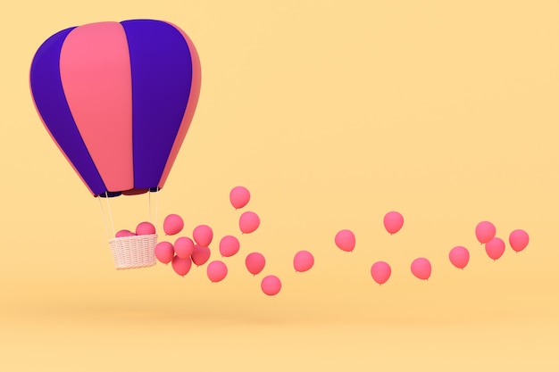 Minimaal concept van zwevende ballonnen en geweven mand. 3d-weergave.