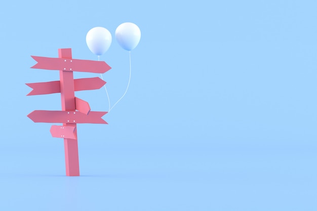 Foto minimaal conceptueel idee van roze wegwijzer en witte ballonnen op blauwe achtergrond. 3d-weergave.