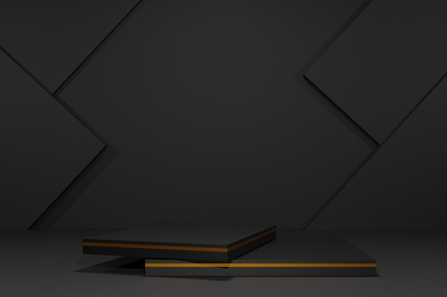 Minimaal geometrisch podium op donkere achtergrond voor productpresentatie 3D-rendering