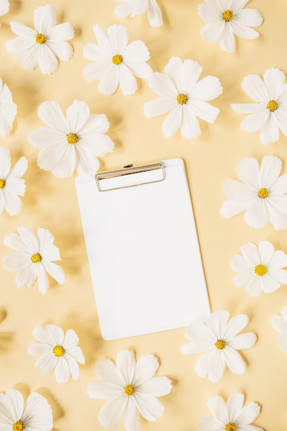 Minimaal gestileerd concept. Krans gemaakt van witte margriet kamille bloemen op lichtgeel met witte tablet