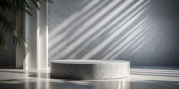 Minimaal grijs podium met terrazzo textuur tafel en gobo in een rendering mockup scène