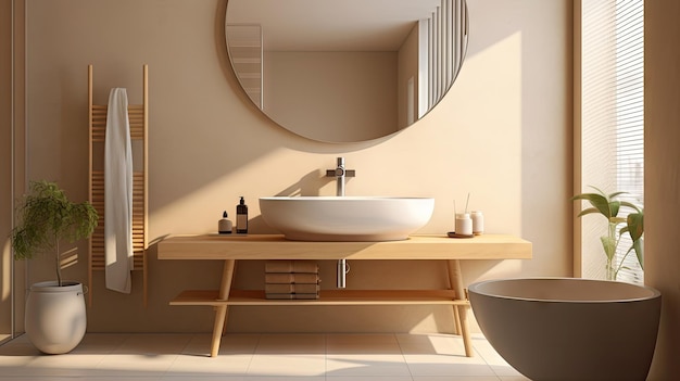 Minimaal interieur badkamer met beige gezellige toonstijl versierd met houten decor Generative Ai