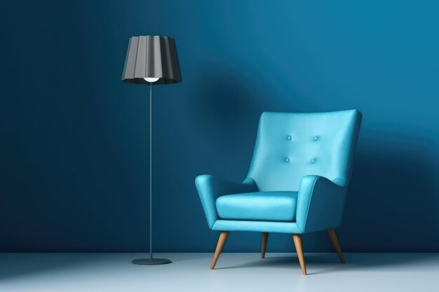 Minimaal interieur met blauwe zachte stoel en lamp