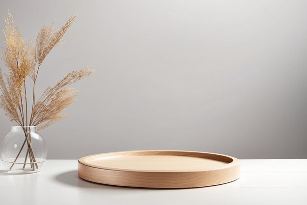 Minimaal modern houten rond dienbladpodium op wit glanzend tafelblad sieraden productdisplay