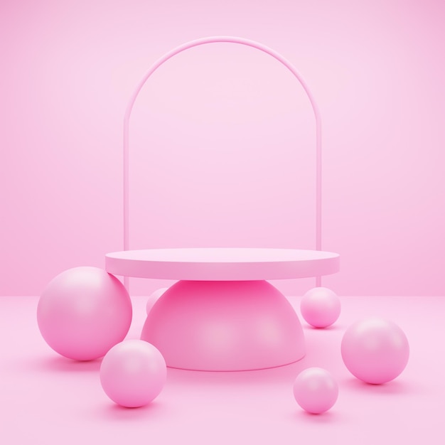Minimaal roze podium omgeven door roze bollen op een roze achtergrond.
