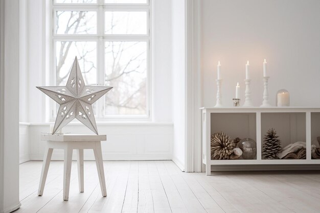 Minimaal Scandinavisch interieur met sneeuwbos achter het raam houten decor en ster