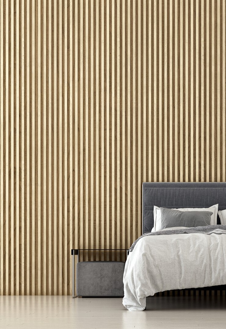 Minimaal slaapkamerinterieur en houten muur