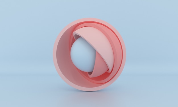 파스텔 핑크 반구 내부에 숨겨진 최소 3d 디자인 볼 레이어를 여는 추상 형상