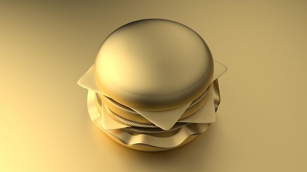 ゴールドの背景に最小限の3Dゴールドチーズバーガー。 3Dレンダリング。