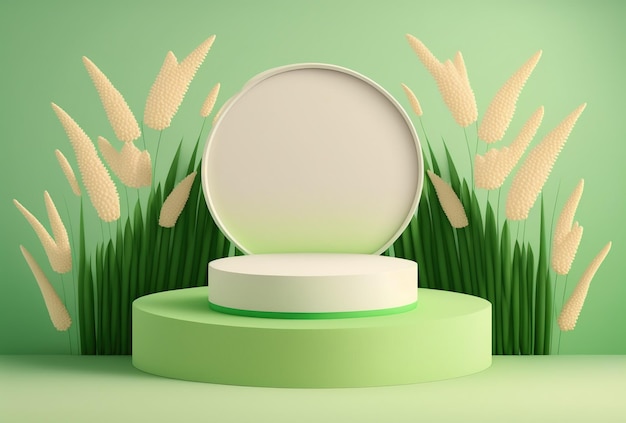 緑の草の背景を持つ表彰台の最小限の 3 d イラストレーション