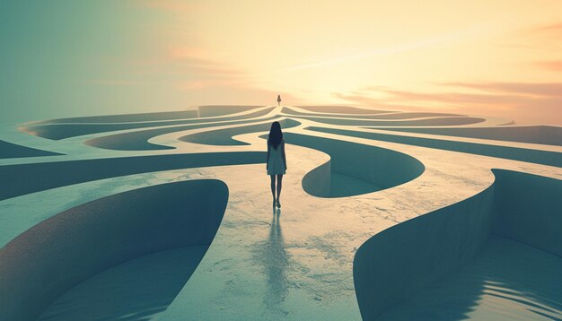 Minimal 3D image of a woman standing at a crossroads