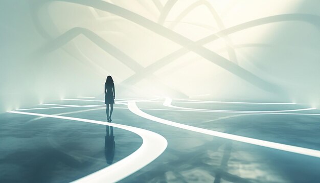 Minimal 3D image of a woman standing at a crossroads