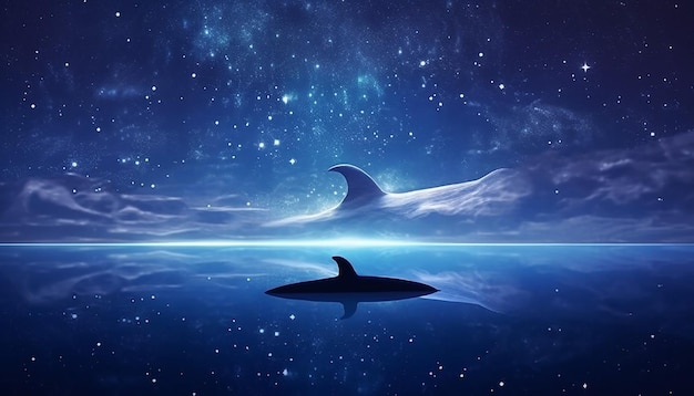 A minimal 3d poster with a single majestic whale tail rising above the ocean surface