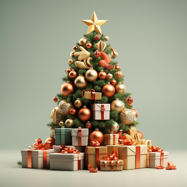 Minimal 3D Render Merry Christmas Tree and Gifts