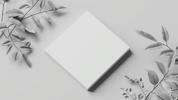 A minimal 3D rendering of a blank white box on a solid light gray background The box is surrounded by a few gray leaf branches