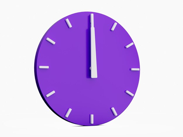 Minimal 3d rendering purple wall clock on white background Time is 12 o'clock or twelve o clock