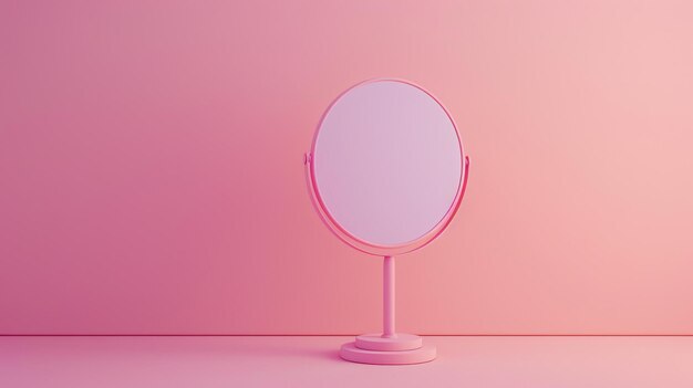 Photo a minimal 3d rendering of a round makeup mirror the mirror is placed on a pink surface against a pink background