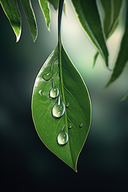 Photo a minimal 3d scene of a small clear raindrop suspended on the edge of a leaf