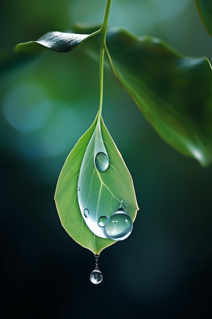 a minimal 3D scene of a small clear raindrop suspended on the edge of a leaf