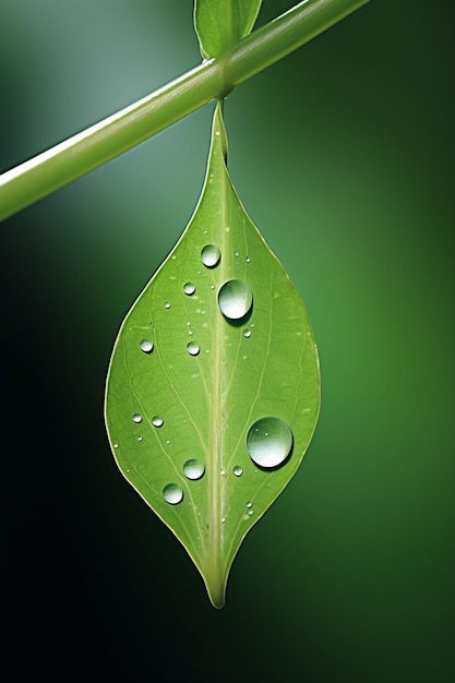 a minimal 3D scene of a small clear raindrop suspended on the edge of a leaf