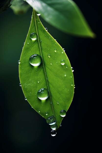 a minimal 3D scene of a small clear raindrop suspended on the edge of a leaf