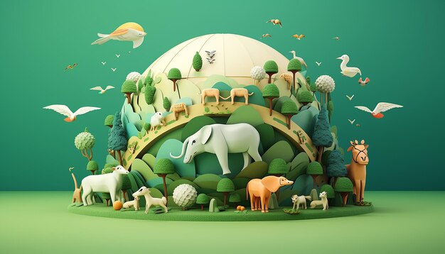 Minimal 3d world animal day creative poster design realistic render