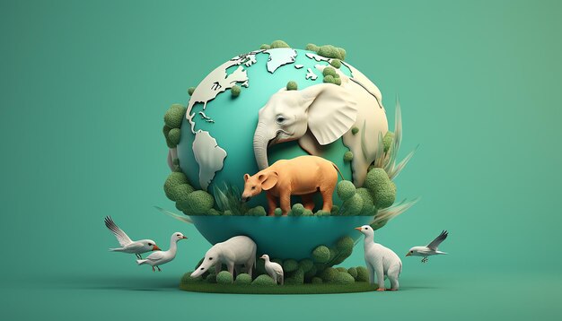 Minimal 3d world animal day creative poster design realistic render