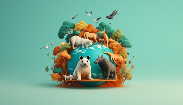 Photo minimal 3d world animal day creative poster design realistic render