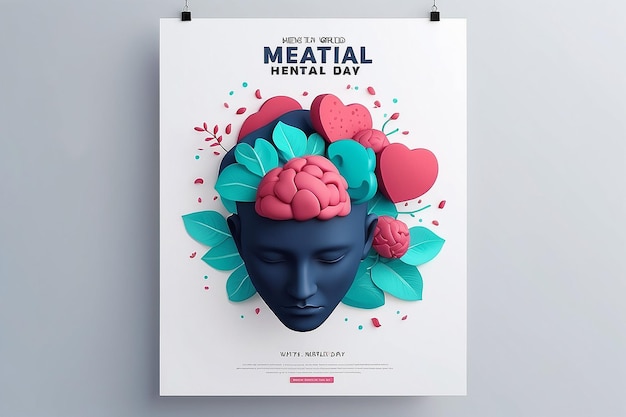 Photo minimal 3d world mental health day poster design