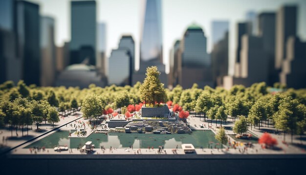 Foto memoriale minimo del 911 con oggetti in miniatura concetto del patriot day dell'11 settembre