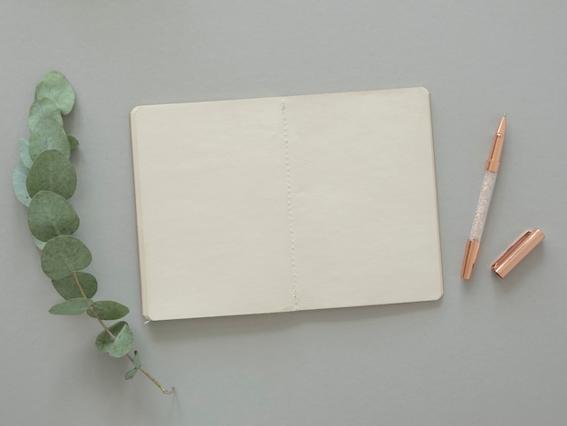 Minimal A4 paper sheet mockup. Blank paper with copy space, rose gold fashion pen and eucalyptus leaves. Top view.