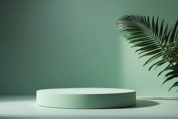 Minimal abstract background for the presentation of a cosmetic product Empty premium podium with a shadow of tropical palm leaves on a green background Showcase display case