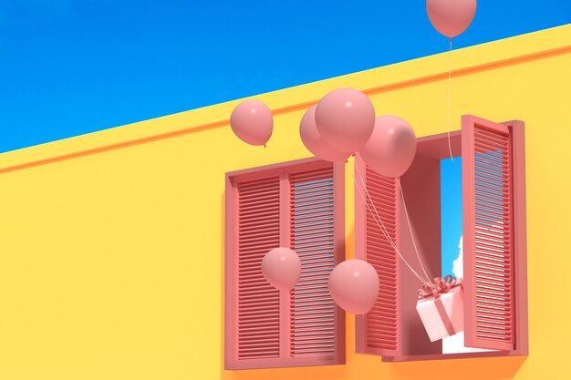 Минимальное абстрактное здание с розовым окном и плавающие воздушные шары на голубом небе, архитектурный дизайн с тенью и тень на розовой текстуре. 3D-рендеринг.