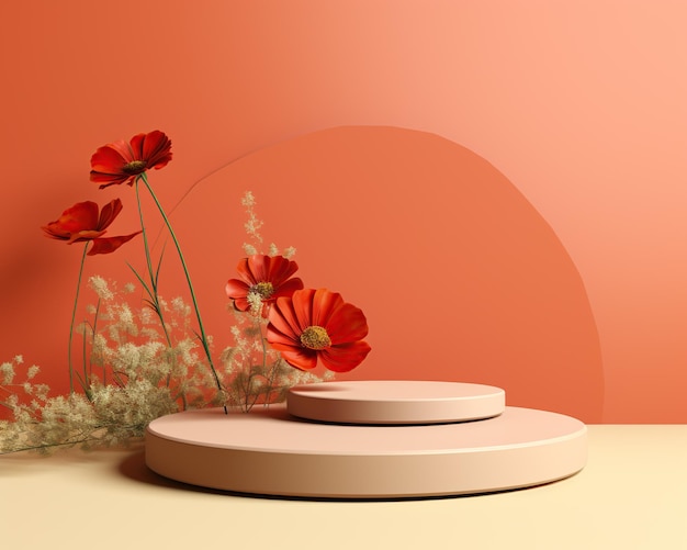 Minimal abstract colorful podium product display and flowers