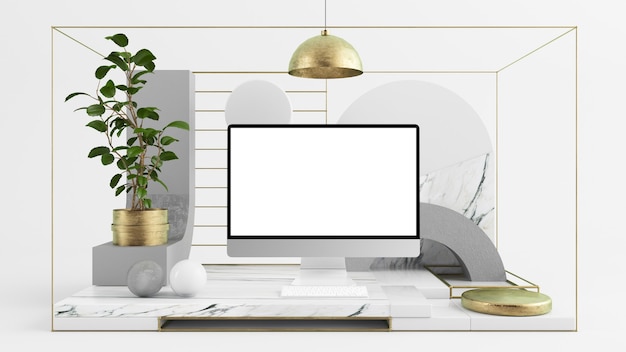 Il minimo computer astratto mock up set rendering 3d