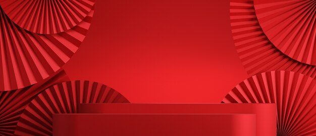 Minimal abstract cosmetic background. chinese style red podium background for product presentation. 3d rendering illustration