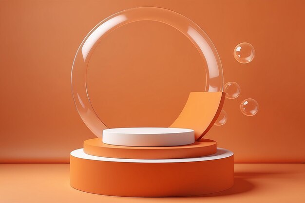 Photo minimal abstract scene with podium air flying geometric bubble shapes on orange background