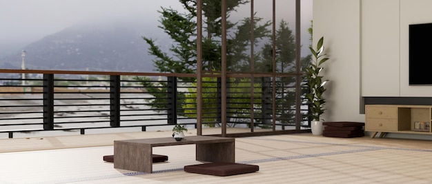 木製のコーヒーテーブルと日本の禅スタイルの最小限のアパートのリビングルームのインテリアデザイン