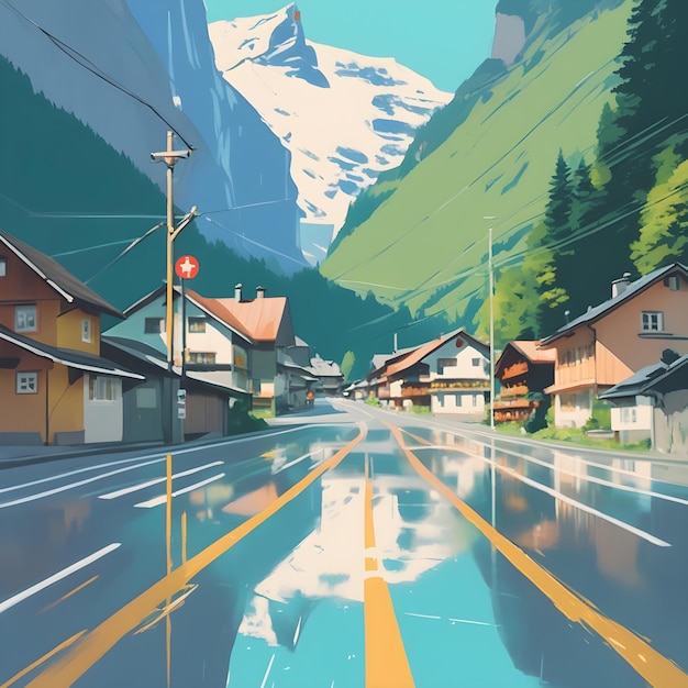 로터브룬 스위스 (Lauterbrunnen Switzerland) 의 도로 중앙에 대해 부드러운 색으로 미니멀한 예술